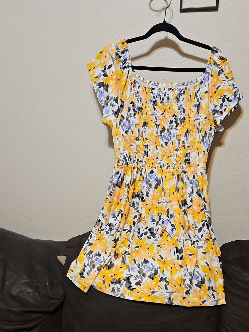 Speechless Yellow Floral Smocked Midi Dress with Gray Leaves
